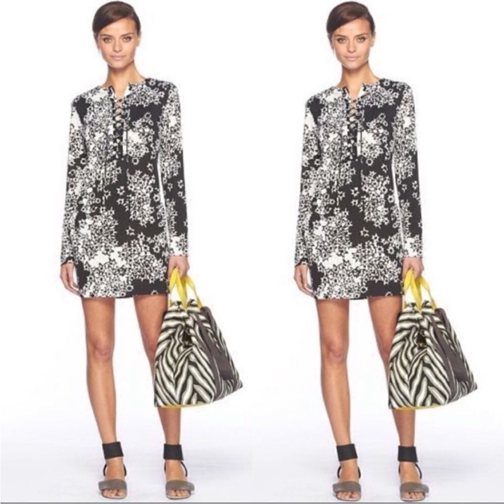 Diane von Furstenberg Mod Tunic Dress Silk Nana Star Meadow Black White Size 10